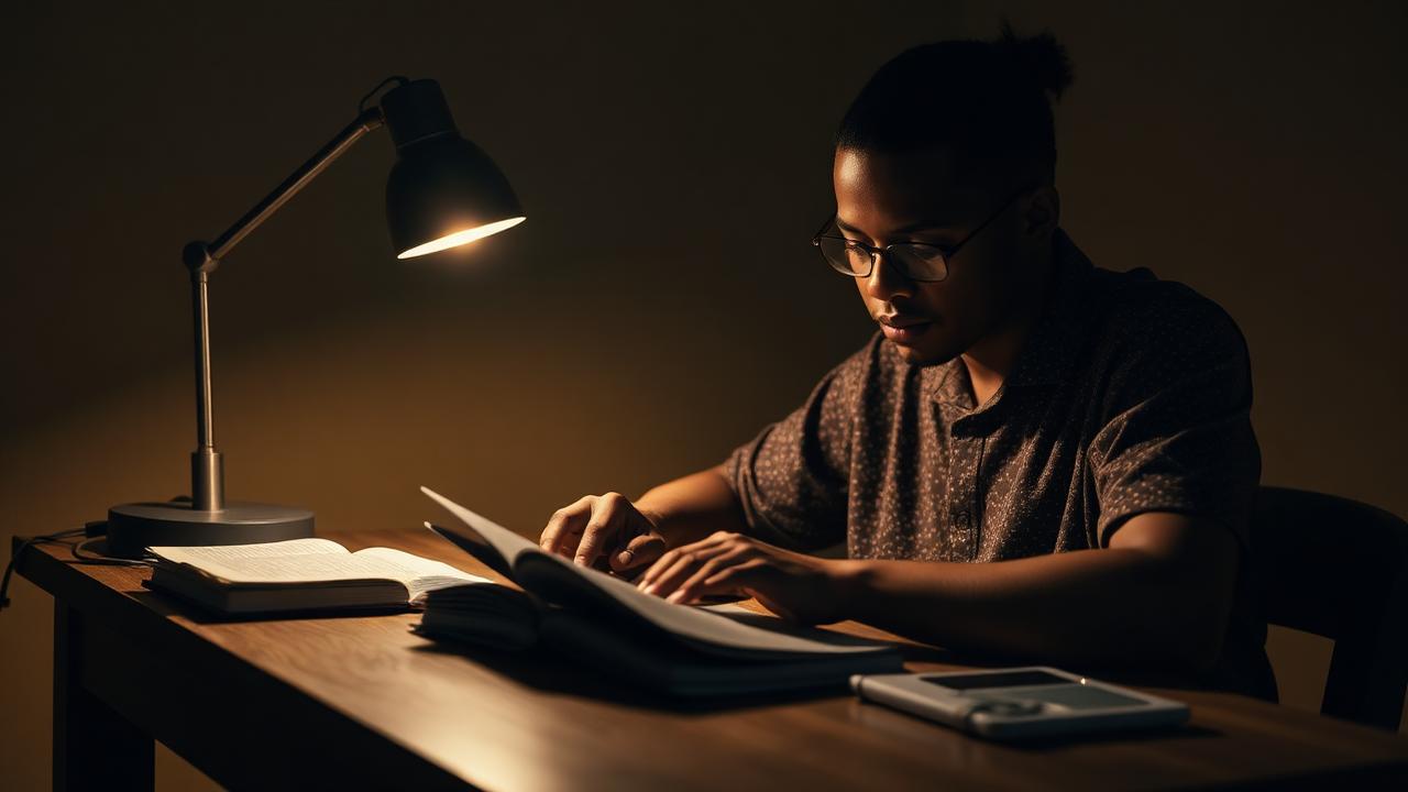 Studying at night by lamp light when there is no power
