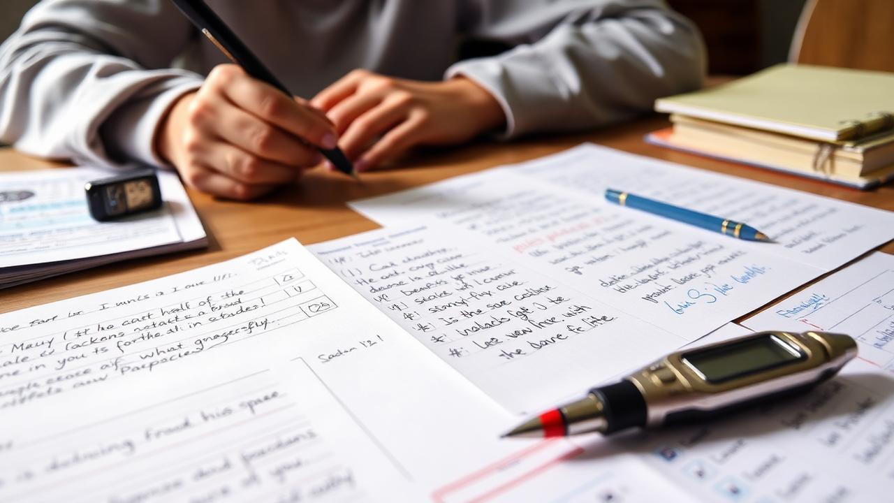 Notes and past questions spread out on a desk during a revision session